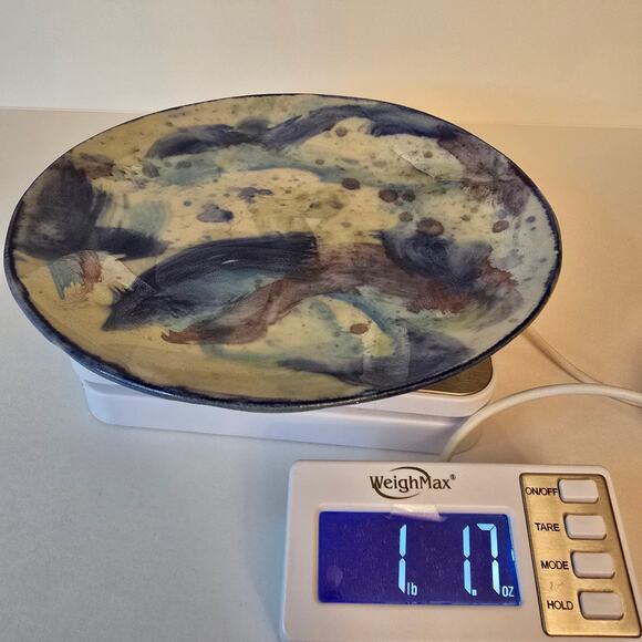 A Suman Glazed Ceramic Plate Vintage 1986 Blue Purple Swirl Signed Pottery - Picture 6 of 6